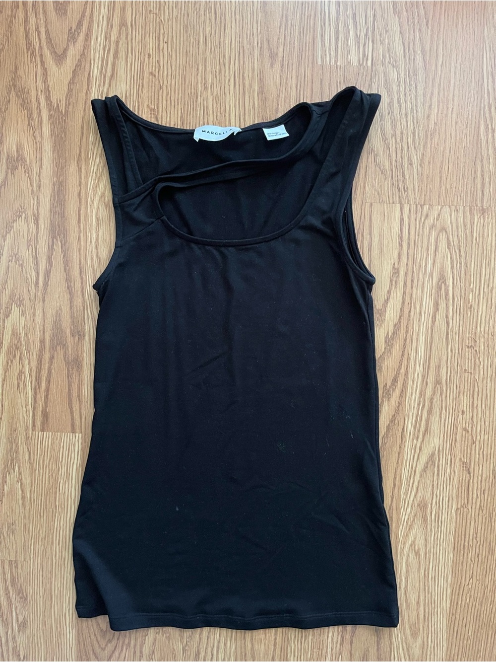 Marcella Black Sleeveless Scoop Neck Tank Top detail across chest